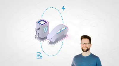 Christian Heise, stellvertretender Direktor des Projekts „Economy of Things“ bei Bosch, abgebildet vor einer Animation, die ein Auto beim Stromladen zeigt.