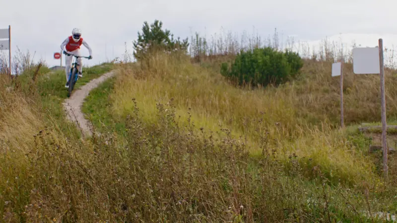 Mountain biker riding down a narrow trail through tall grass.