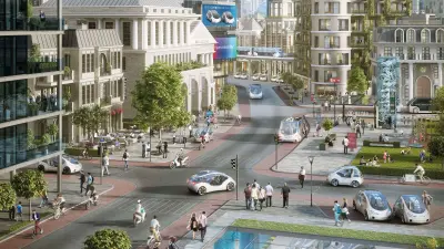 A future city street scene with self-driving cars and other vehicles.