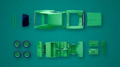 A disassembled toy car, whose parts are proportionally colored green and black
