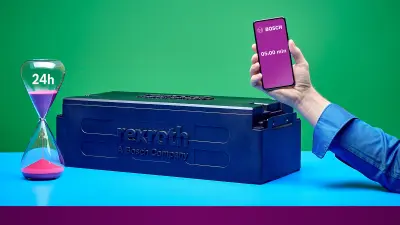 An hourglass, a black battery module, and a hand holding a smartphone with the Bosch logo and a 5-minute timer on the display