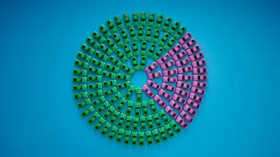 A pie chart consisting of toy cars – 70 percent of them are green, 30 percent are purple