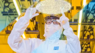 Eine Person in weißem Schutzanzug blickt durch eine AR-Brille auf das Hologramm eines Wafers.