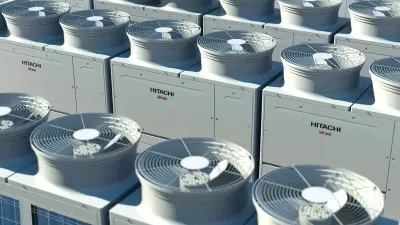 Drei Reihen mit mehreren Hitachi air 365 Ventilatoren.