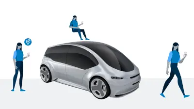 Graphical sketch of a woman who shares information on her location and is taken to the desired place by a self-driving, autonomous car.