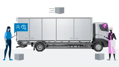 Graphical sketch of a woman sending a package and a truck transporting the package to the waiting woman on the left, who shares information on her location.