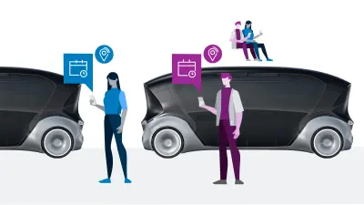 Graphical sketch of two persons who have the information on the timetables of the fully automated vehicles picking them up. 