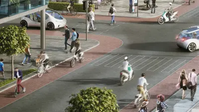A city scene with pedestrians and self-driving cars.
