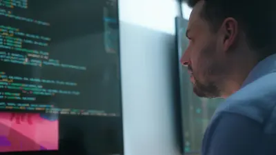 Person programmiert an mehreren Monitoren; Bildschirme zeigen Code in einer Entwicklungsumgebung.