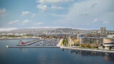 Modern city with a marina.
