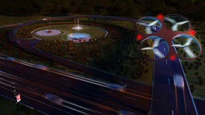 Eine vernetzte, befahrene Smart Road von oben. Über ihr schweben Drohnen. Die Fahrzeuge sind in Bewegung und verschwommen.