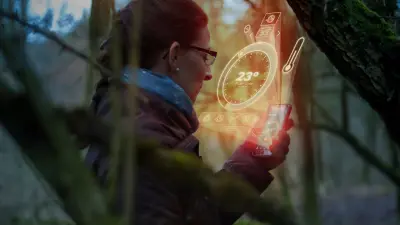 Zimmermeisterin Juliane Buß im Wald. Man sieht die Buderus App MyDevice auf ihrem Smartphone als Hologramm.