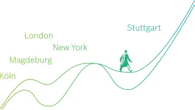 Zeichnung aufstrebender Kurven, auf denen ein Mann (Robert Bosch) nach oben läuft.