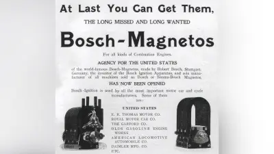 Endlich war der Bosch-Magnetzünder auch in den USA zu haben. Diese Werbeanzeige von 1906 leitete den geschäftlichen Durchbruch von Bosch ein.