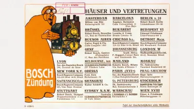 Um 1910 hatte Bosch Vertretungen auf allen Kontinenten. In Großbritannien waren über 90 Prozent der Autos mit dem Bosch-Magnetzünder ausgestattet.