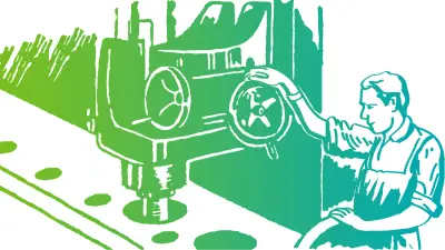 Zeichnung eines Arbeiters an einer Fabrikmaschine.