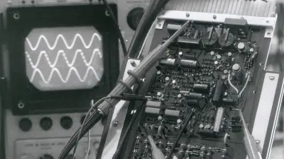 Board of a Jetronic electronic control unit for gasoline injection in the electronics laboratory at Schwieberdingen Technical Center near Stuttgart (1970)