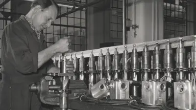 Hammer drills are assembled for heavy-duty construction work at the Bosch plant in Leinfelden. (1956)