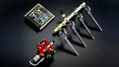 Komponenten des Hochdruck-Dieseleinspritzsystems Common Rail (1997). In der Leiste wird Kraftstoff bei bis zu 2 500 bar für die Einspritzung gespeichert.