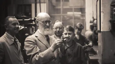 Robert Bosch holding a workpiece, young apprentice in the background