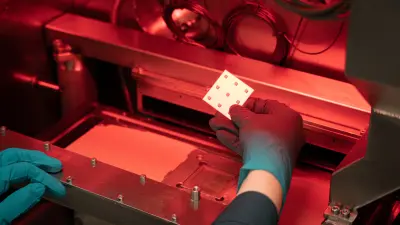 Bosch Research PhD candidate Isabelle Günther working at the Laser Powder Bed Fusion machine for hybrid, additive manufacturing of functional structures for power electronics