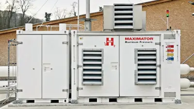 The hydrogen tank system at the rear of the filling station is housed in a container.