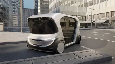 Ein autonom fahrendes Shuttle in einer futuristischen Stadt. 