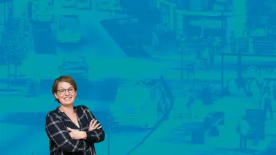 Das Bild zeigt Malene Freudendahl-Pedersen, Professorin für Stadtplanung. Im Hintergrund ist eine Straßenszene mit autonomen Fahrzeugen aus einer Stadt der Zukunft zu sehen.