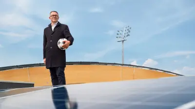 Alberto Bollea and the Juventus stadium in the background.