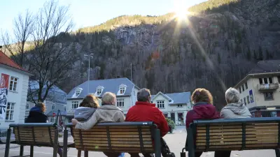 A solar mirror is reflecting the sun light onto the marketplace of Rjukan, Norway.