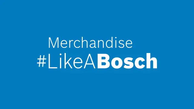Slogan "Merchandise #LikeABosch" auf blauem Hintergrund