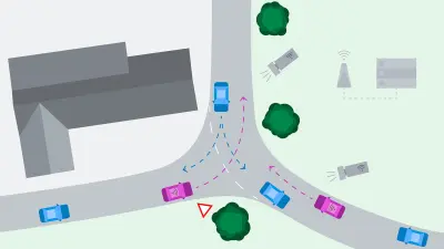 Eine Grafik aus der Vogelperspektive zeigt die reale Kreuzung aus dem Versuch in Ulm-Lehr und verschiedene Fahrzeuge, die auf den Straßen fahren. Gestrichelte Pfeile zeigen an, welche möglichen Wege die Fahrzeuge innerhalb der Kreuzung nehmen können. Es wird zudem verdeutlicht, wie der Verdeckungseffekt durch ein Gebäude entsteht.