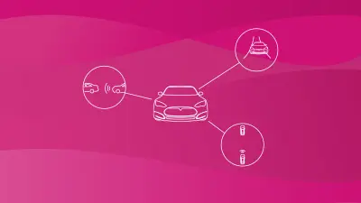 The image shows a graphic of the Bosch test vehicle based on a Tesla Model S.