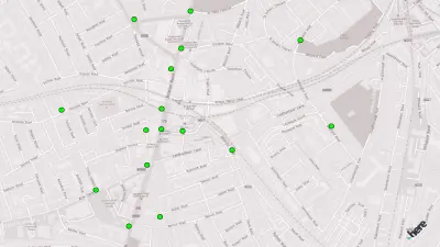 Eine Karte von London, auf der die Immission Monitoring Boxes von Bosch rund um die Brixton Road als grüne Punkte eingezeichnet sind.