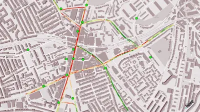 Eine Karte von London, auf der die Immission Monitoring Boxes von Bosch rund um die Brixton Road als grüne Punkte eingezeichnet sind. Zudem sieht man die rot, orange und grün eingezeichneten Emissionen sowie die Typologie der Gebäude.