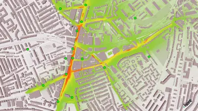 Eine Karte von London, auf der die Immission Monitoring Boxes von Bosch rund um die Brixton Road als grüne Punkte eingezeichnet sind. Zudem sieht man die rot, orange und grün eingezeichneten Emissionen - je dunkler das Rot, desto höher sind die Auswirkungen des Verkehrs auf die Luftqualität.