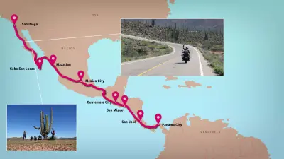 Labeled map with two pictures of motorcyclists. 