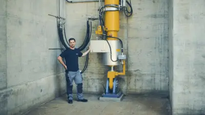 Person standing beside large yellow and silver machinery in a concrete interior