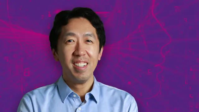 Andrew Ng against a purple background.