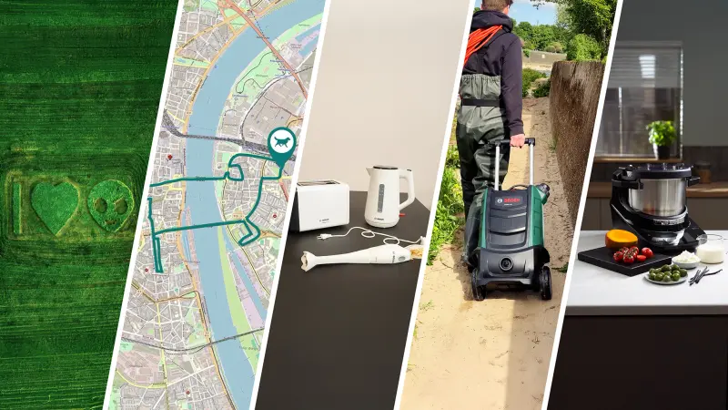 A split screen shows five scenes: On the left, a giant pattern in a green field with the message "I love aliens" and the face of an alien mowed into the lawn. To the right, a city map with a route in the shape of a dog, created by GPS tracking. Next, Bosch kitchen appliances, including a toaster, a kettle, and a hand blender, are arranged on a table. One of the appliances is a cake. Next, we see a man pulling a pressure washer along a river. And on the far right, a Bosch Cookit is pictured in a kitchen with various ingredients.