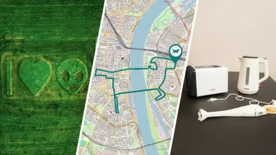 A split screen shows three scenes: On the left, a huge pattern in a green field, in the center, a city map with a route, on the right, Bosch kitchen appliances.