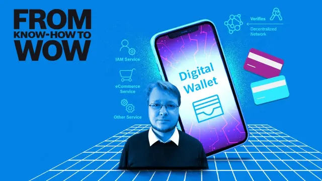 Im Vordergrund steht Bosch-Forscher Christian Bormann. Dahinter sieht man ein Smartphone mit der Aufschrift „Digital Wallet“. Icons um das Smartphone herum erklären, welche digitalen Lösungen durch self-sovereign identites möglich werden.