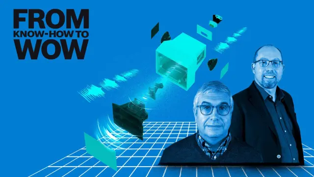 Die Electro-Voice-Experten Bob Rieder und Andrew Pardoe mit einem MTS Lautsprecher.