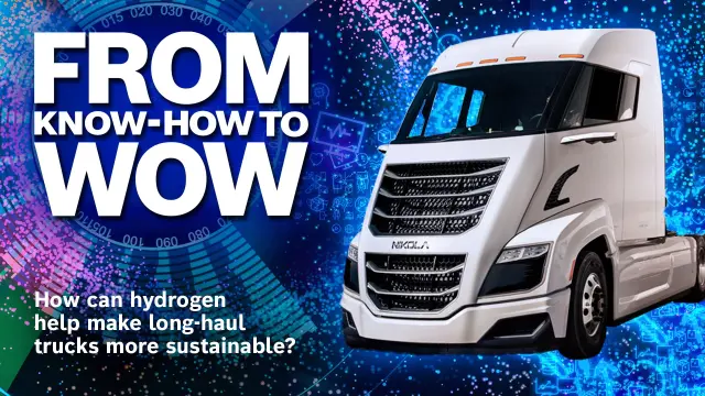 Zu sehen ist ein Nikola 2 Truck, der mit Bosch Brennstoffzellen-Technologie angetrieben wird.