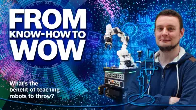 Timm Linder, Bosch Research-Ingenieur und Project Lead for Robotics Roadmap Technologies, steht vor einem Industrie-Roboter, der lernt, Objekte zu schmeißen.