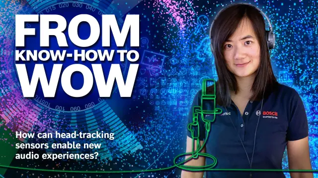 Bosch-Expertin Ye Lu von Bosch Sensortec ist neben dem Von KNOW-HOW zu WOW-Podcast-Logo zu sehen. Sie hat ihre Kopfhörer auf, denn in dieser Podcast-Folge geht es um Head-Tracking mit Sensoren.