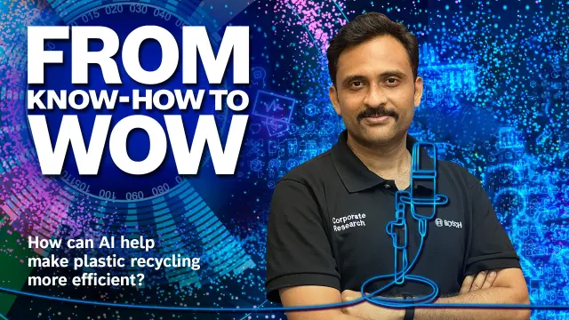 Neben dem Logo des Bosch-Podcasts From KNOW-HOW to WOW ist der Bosch Research-Experte und Gast der aktuellen Episode, Sidharta Andalam, zu sehen.