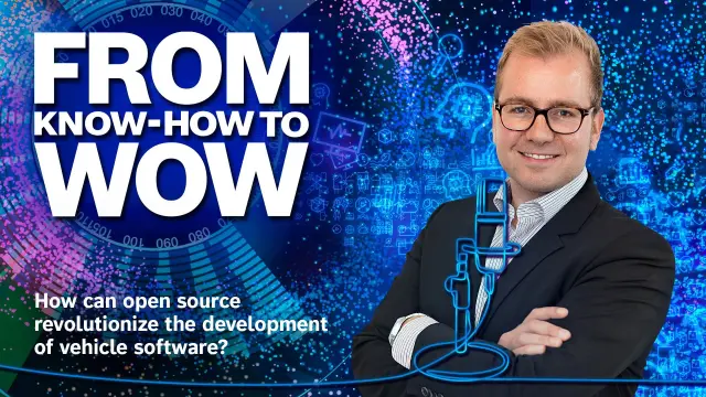 Ansgar Lindwedel von der Bosch-Tochtergesellschaft ETAS ist neben dem offiziellen "From KNOW-HOW to WOW"-Logo zu sehen.