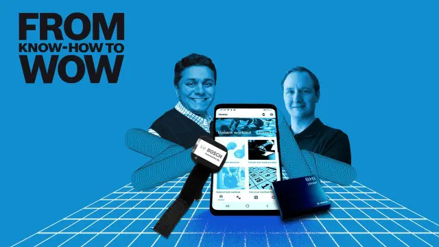 Die Bosch-Mitarbeiter Kaustubh Ghandi und Thomas Nilsson mit dem AI Fitness Tracker
