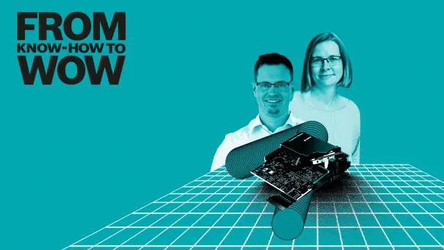 Bosch-Experten Emma Abel und Richard Fix im Hintergrund. Im Vordergrund eine Grafik eines MEMS-Sensors.